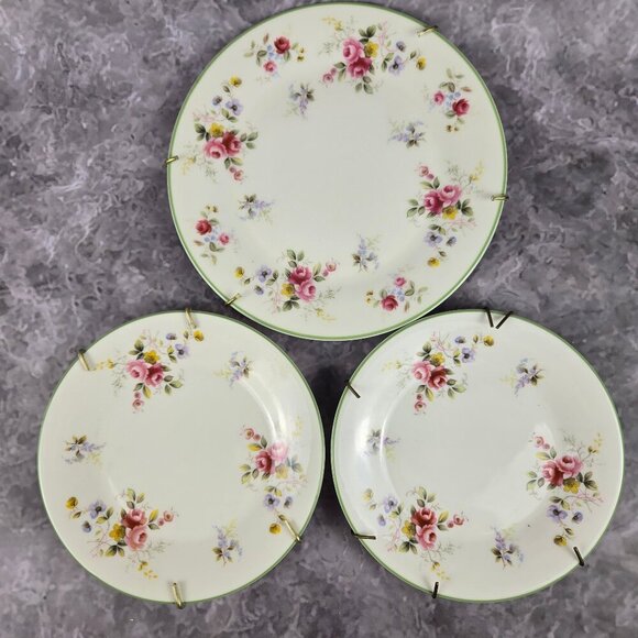 Vintage Royal Vale Set of 3 Plates Floral Green Rims Plate Hangers Attached - Picture 1 of 7